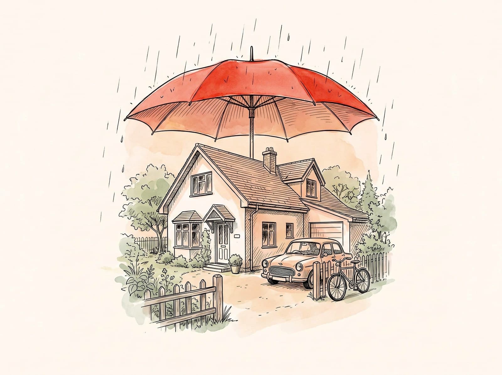 Zeichnung: Haus, Auto und Fahrrad unter einem grossen roten Schirm im Regen